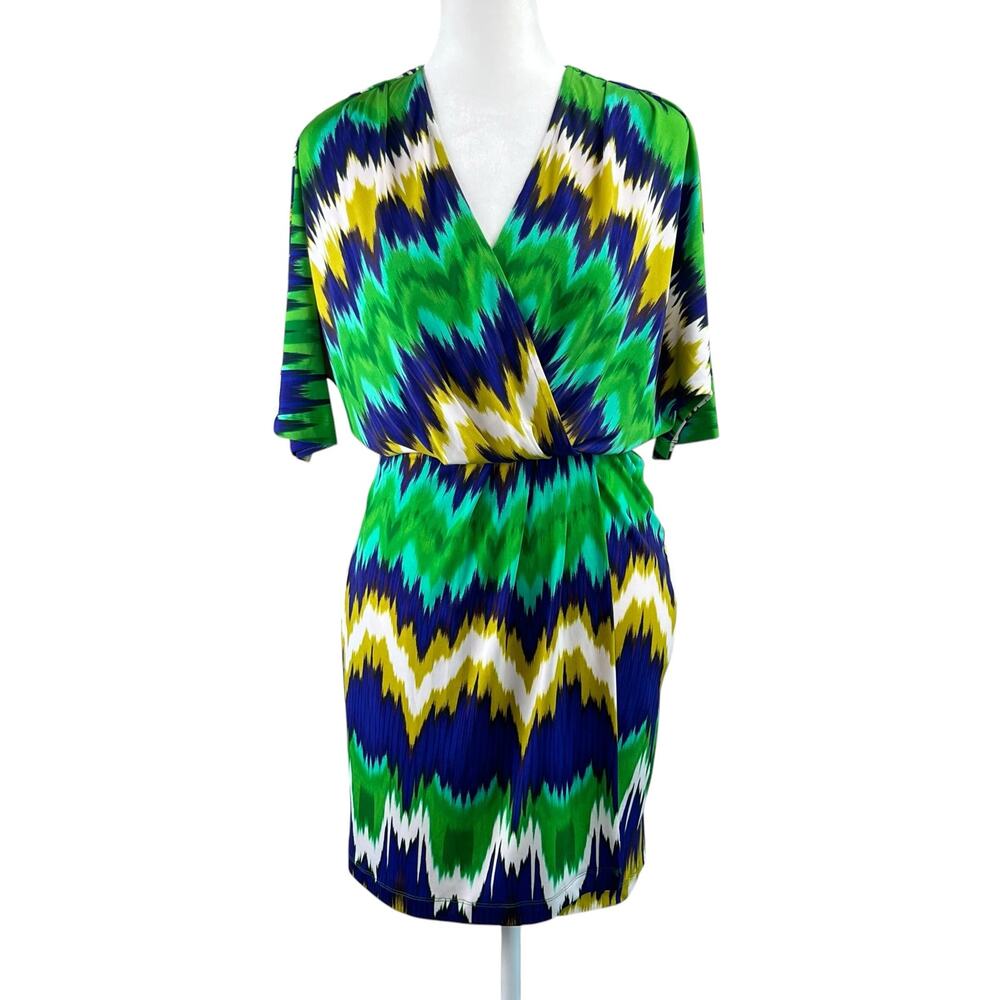 Calvin Klein Geometric Faux Wrap Mini Dress V-Neck Green Blue Jersey Stretch 4
